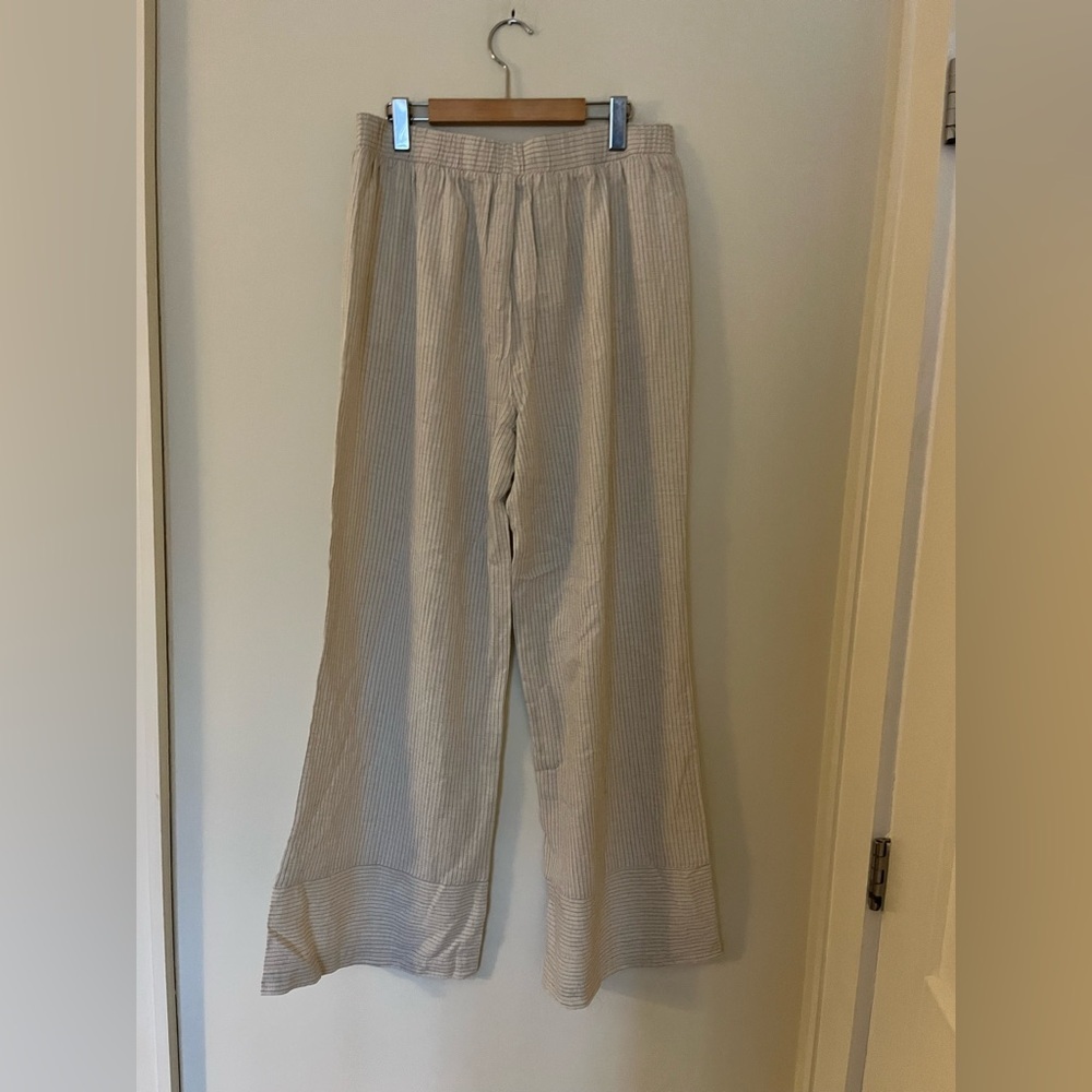 NWT OXXO Wide Leg Striped Linen Blend Pull-On Pants Ecru Black L/XL
